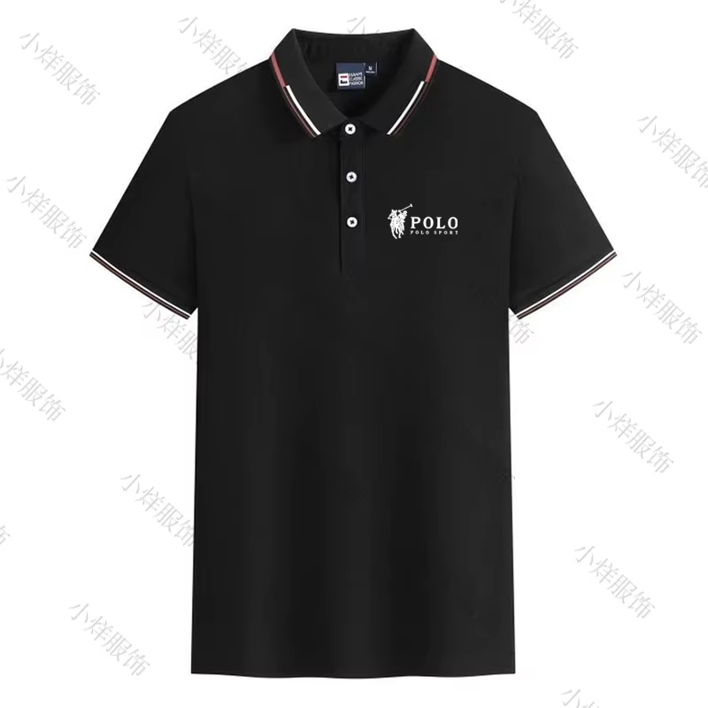Polo pour homme à col rayé, logo cheval classique, manches courtes, décontracté, respirant, noir, pour le sport et le quotidien