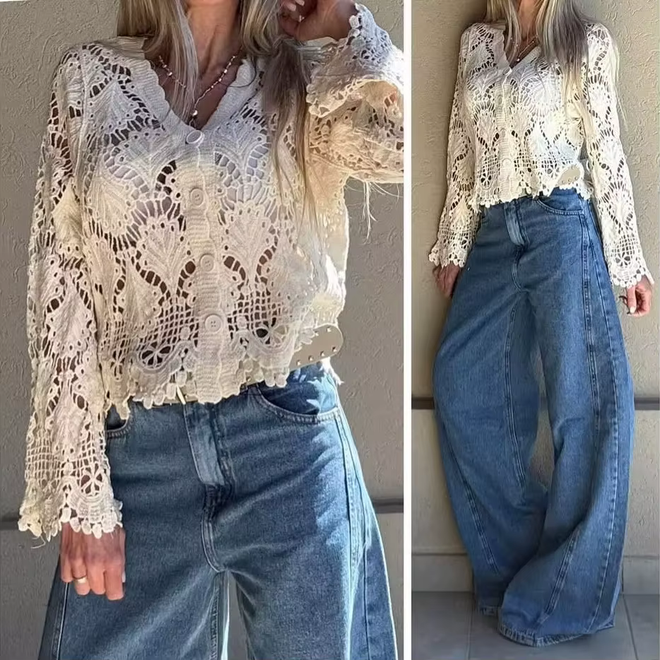 Nouveau T-shirt en crochet tricoté ajouré à col en V et simple boutonnage pour femme 2026