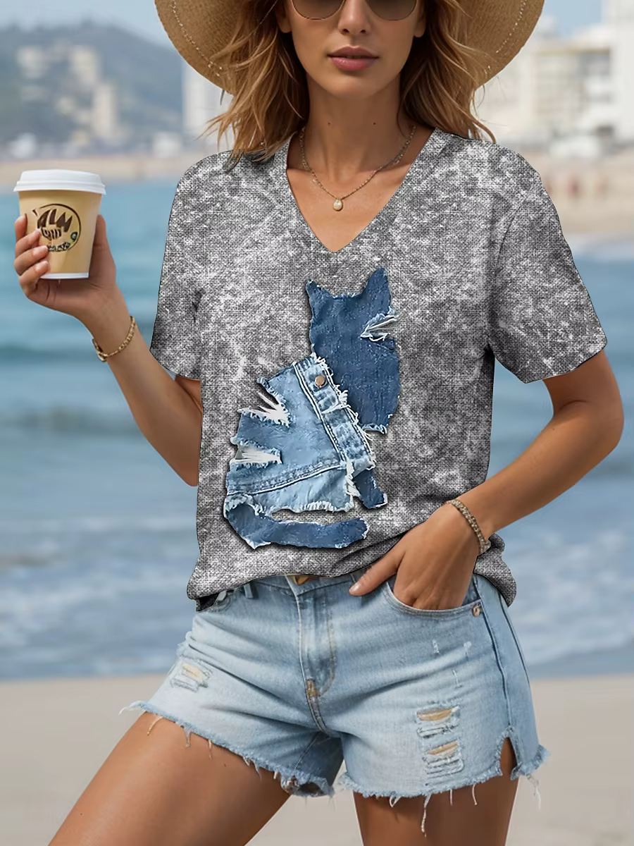 T-shirt manches courtes col en v pour femmes