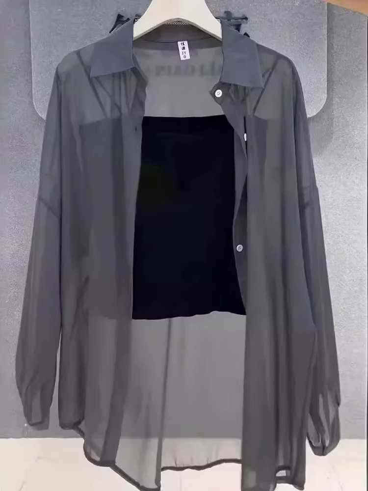 Hauts grande taille pour femmes, chemisiers d'été en mousseline de soie glacée, respirants et résistants au soleil, boutons fins, amples et transparents, chemises à manches longues, 2025