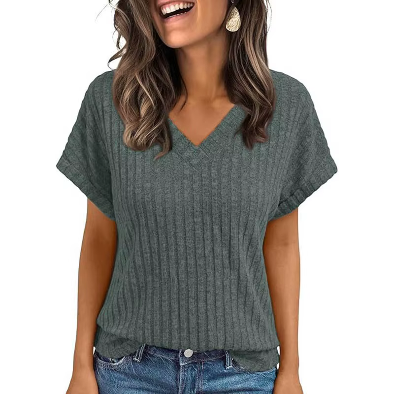 Vêtements pour femmes Europe amérique tout-match tricot T-shirt été 2025 nouveau décontracté col en v à manches courtes pull dame solide hauts