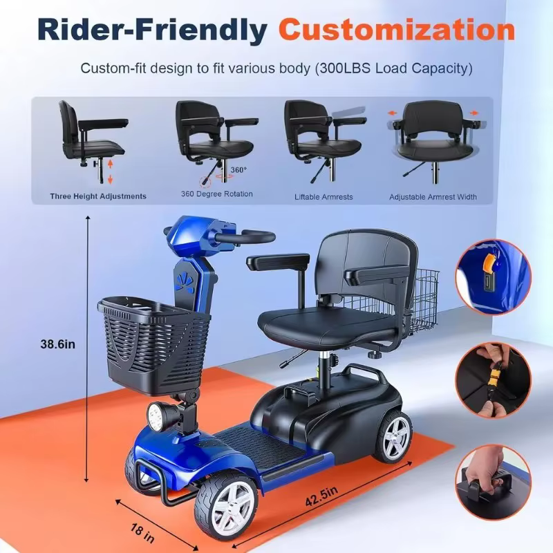 Scooter électrique à 4 roues avec deux paniers, moteur 350W, siège rotatif, port USB, capacité de 300 lb, personnalisé