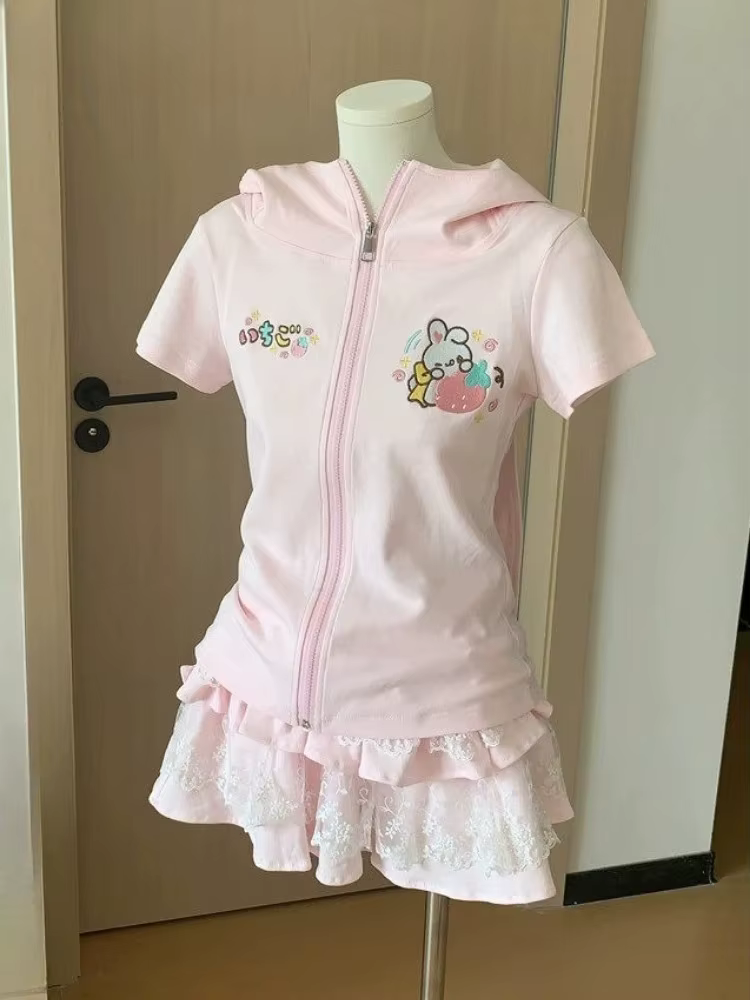 Kawaii dessin animé broderie t-shirts femmes Y2k esthétique T-shirt à capuche Style japonais coupe ajustée fermeture