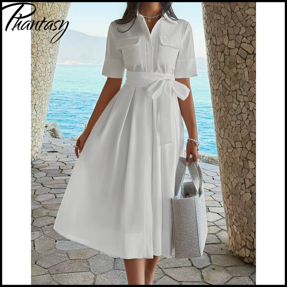 Robe chemise élégante blanche boutonnée pour femme