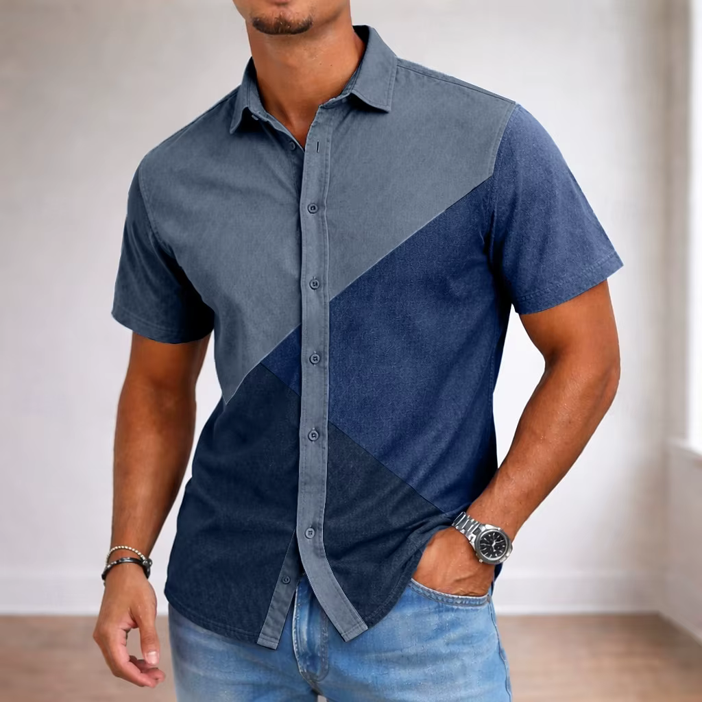 Chemise boutonnée beige et bordeaux à blocs de couleurs géométriques pour homme