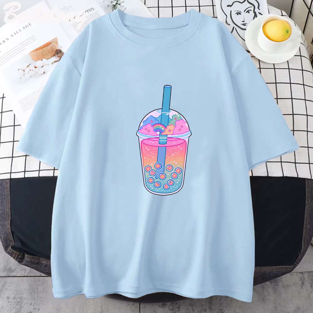 Boba Tea – T-shirt noir à manches courtes pour femme