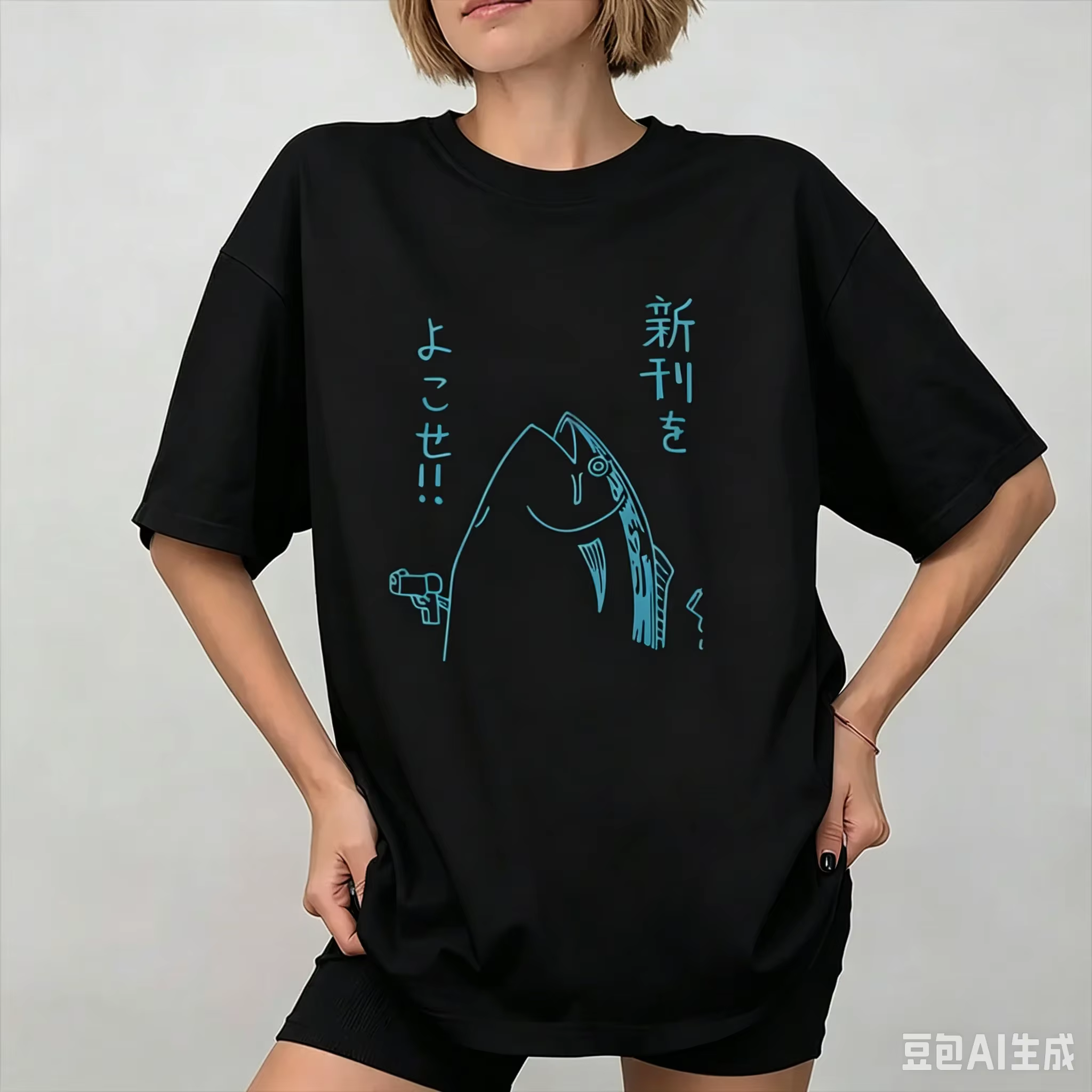 T-shirt japonais amusant avec motif de poisson tenant un pistolet