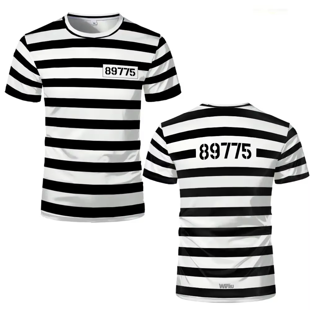 Nouveau T-shirt rayé Prisonnier 2026 Noir et Blanc Thème Prison Amusant et Original Manches Courtes Costumes de Fête Cosplay Homme et Femme