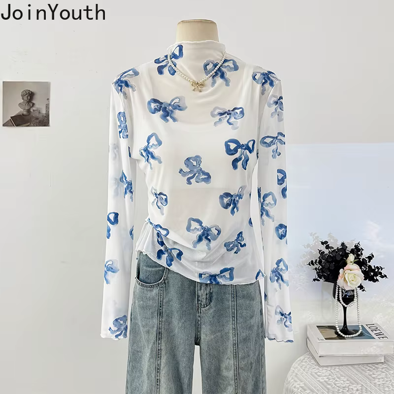 Gaze femme t-shirts nœud imprimé à manches longues