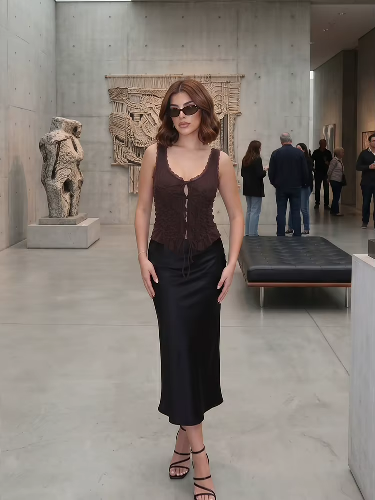 Débardeur Corset en Chiffon Plissé à Bretelles et Dentelle Style Français HH pour Femme