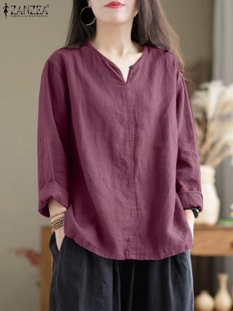 Vintage femmes coton Blouse automne col en V à manches longues hauts 2025 ZANZEA rétro solide chemise ample femme travail tunique Blusas Mujer