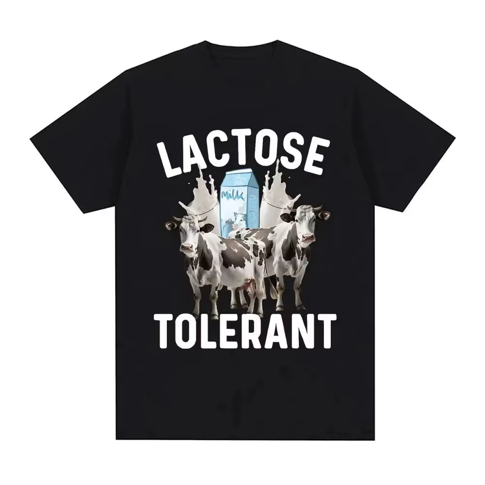 T-shirt humoristique en coton noir avec imprimé vache et motif carton de lait