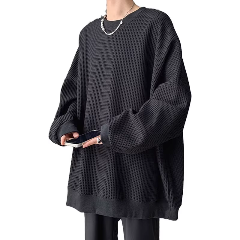 Gaufre à manches longues couleur unie T-shirt pour hommes au printemps et en automne 2025 décontracté