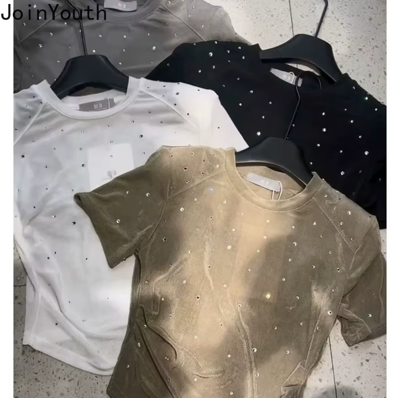 2025 Ropa Mujer t-shirts pour femmes blanc paillettes diamant culture hauts col rond tunique à manches courtes