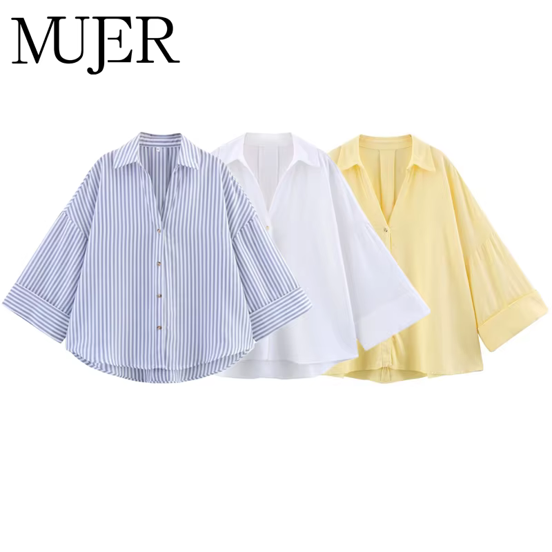MUJER rayé chemise femme blanc chemises décontractées amples pour les femmes été boutonné