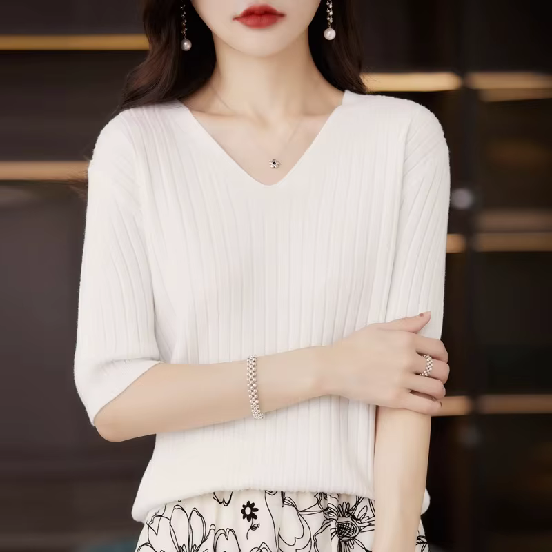 Pull femme printemps été manches courtes col en v chemise en tricot décontracté coréen pulls rayure