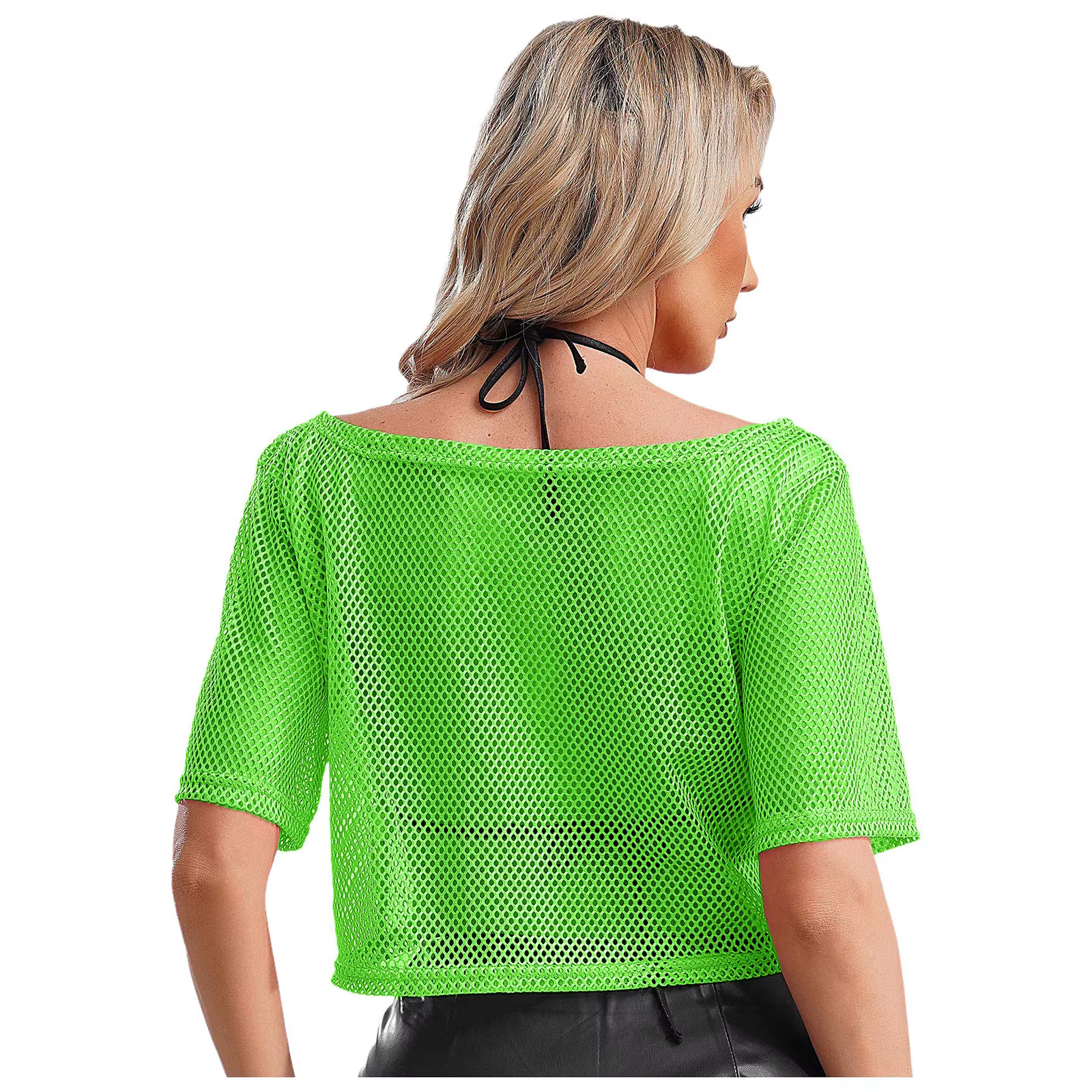 Femmes 80s Disco néon résille t-shirts hauts à manches courtes évider maille haut court Sexy Punk Camisole couverture Rave fête Clubwear
