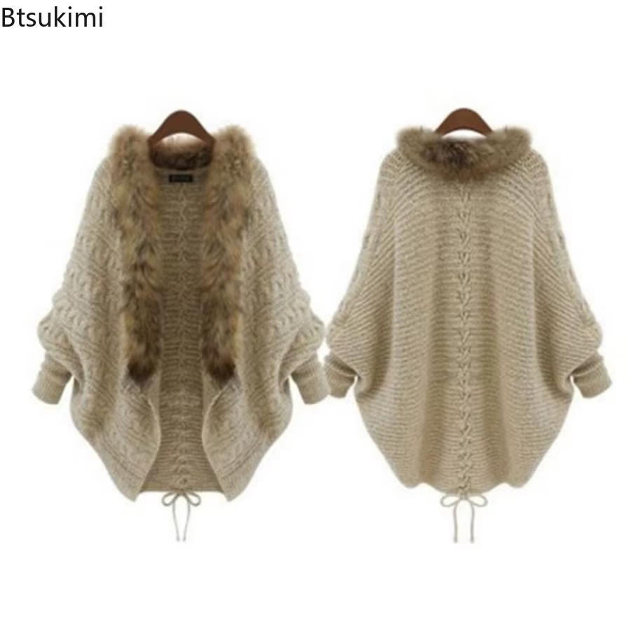 Femmes Cardigan pull épais Poncho Capes automne hiver Femme tricoté manches chauve-souris col de fourrure laine