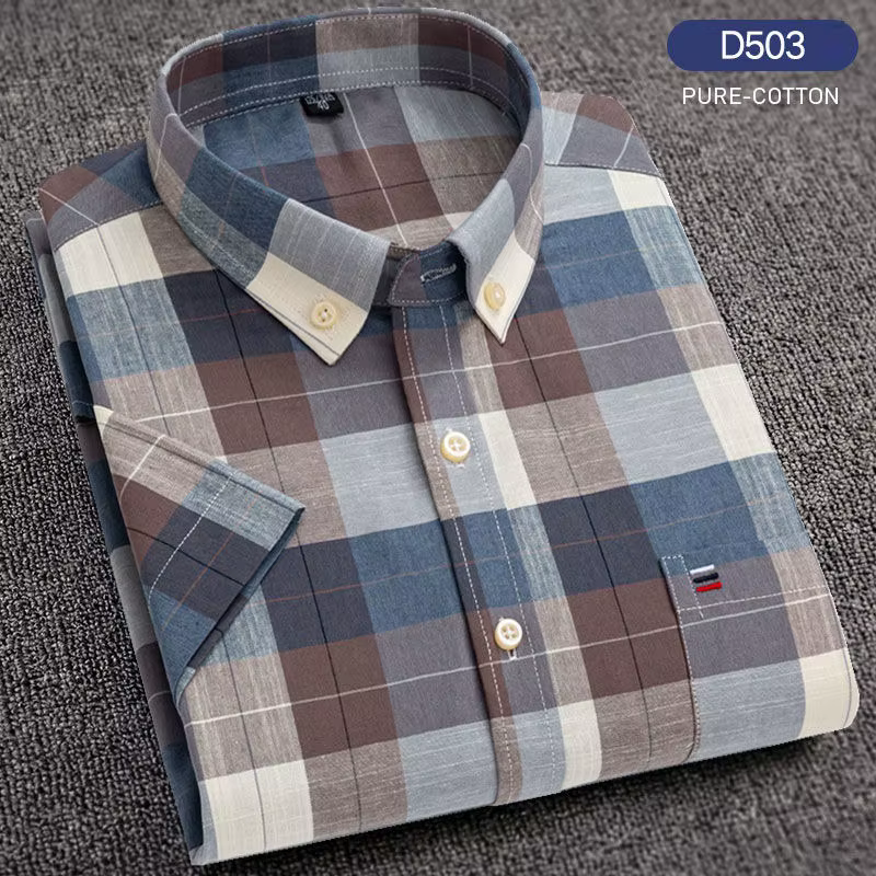Chemises décontractées d'été pour hommes Oxford manches courtes col carré solide Plaid rayé poche unique chemise en coton confortable
