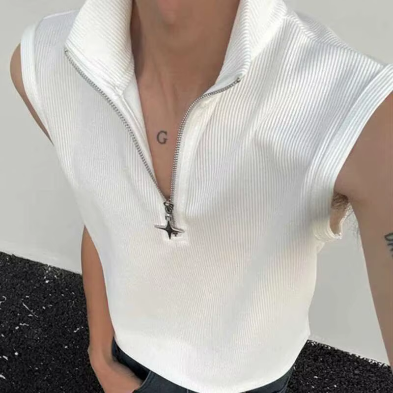 LUZHEN couleur unie fermeture éclair décorer T-shirts sans manches hommes 2025 été Original Streetwear à la mode col montant débardeurs JY2796
