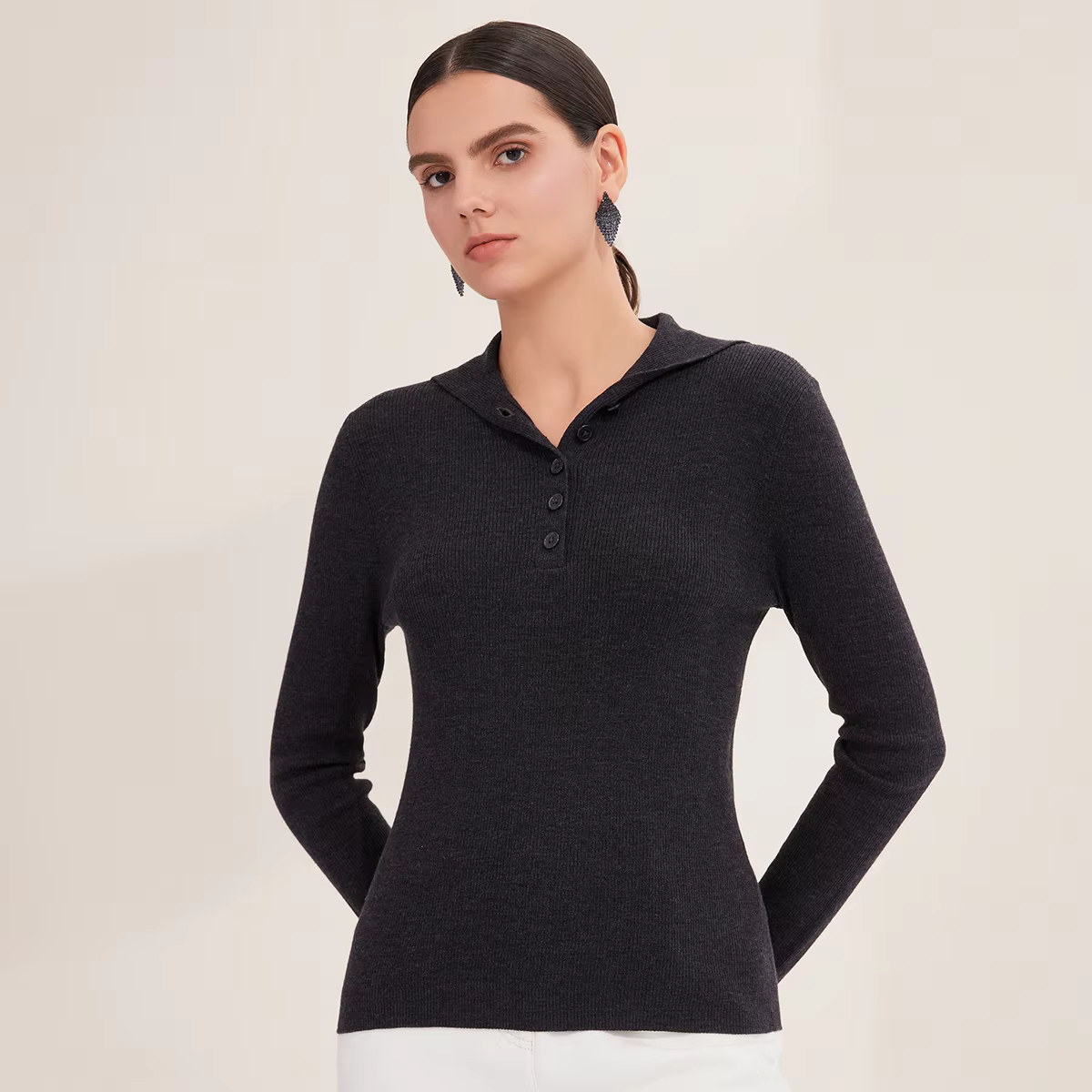 100% laine mérinos pull polo en tricot côtelé pour femme