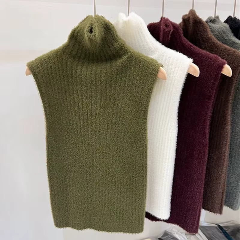 Femmes automne hiver sans manches pull gilet débardeurs couleur unie mince chemise à fond tricoté col roulé pulls dames hauts