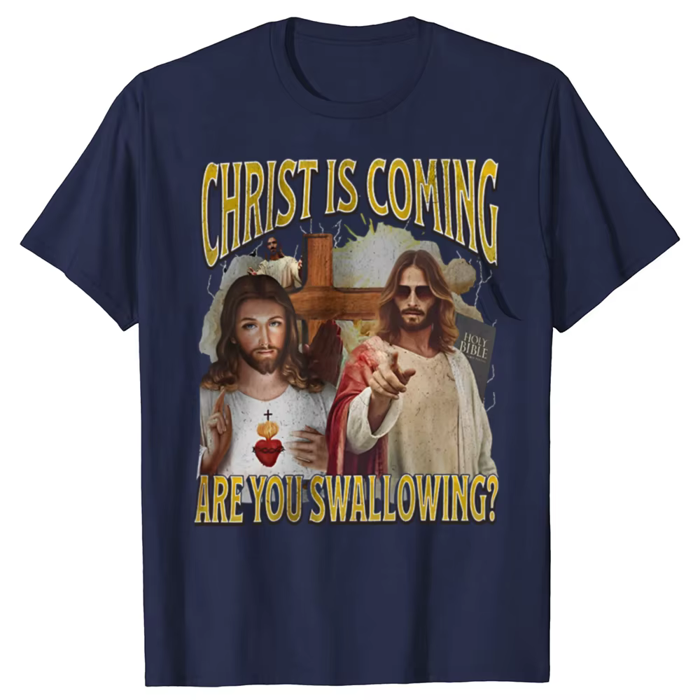 Le Christ arrive vous rondelle drôle offensive jésus graphique T-shirts hommes t-shirt décontracté 100% coton ample