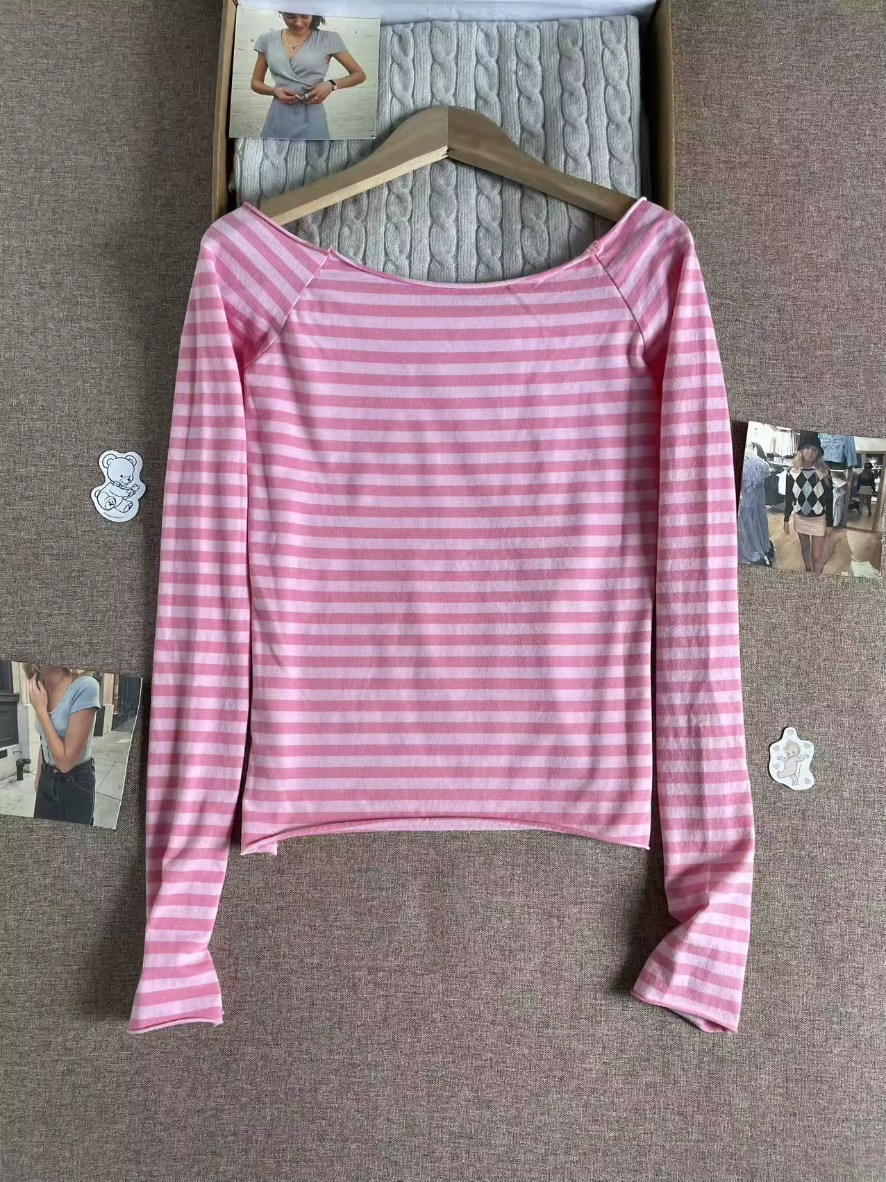 T-shirt rose rayé à manches longues pour femme