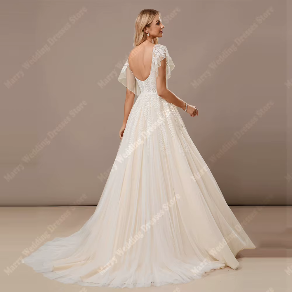 Fascinante femmes robes De mariée Sexy col en v a-ligne Tulle robes De mariée longueur De nettoyage dos nu Banquet Robe De Mariée personnalisé
