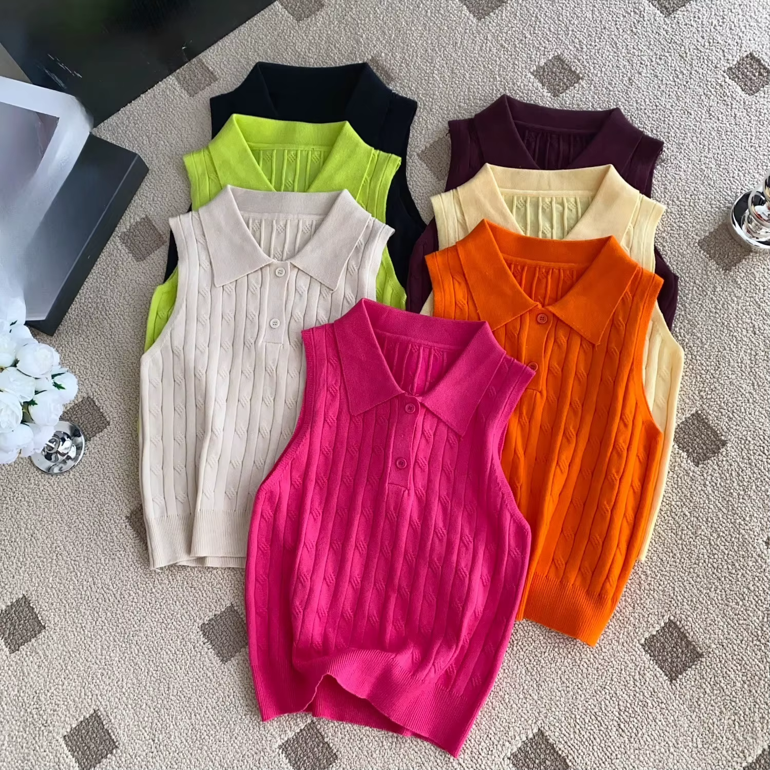 REALEFT été col Polo femmes tricoté T-shirts 2025 nouveau solide sans manches boutons tricots décontracté mince débardeurs femme