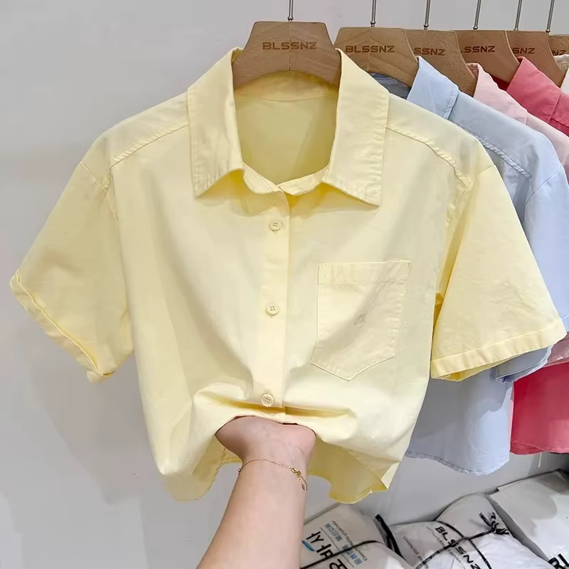 Été coton à manches courtes hauts femmes 2025 nouveaux cols Polo chemise courte brodée Blouses décontractées amples