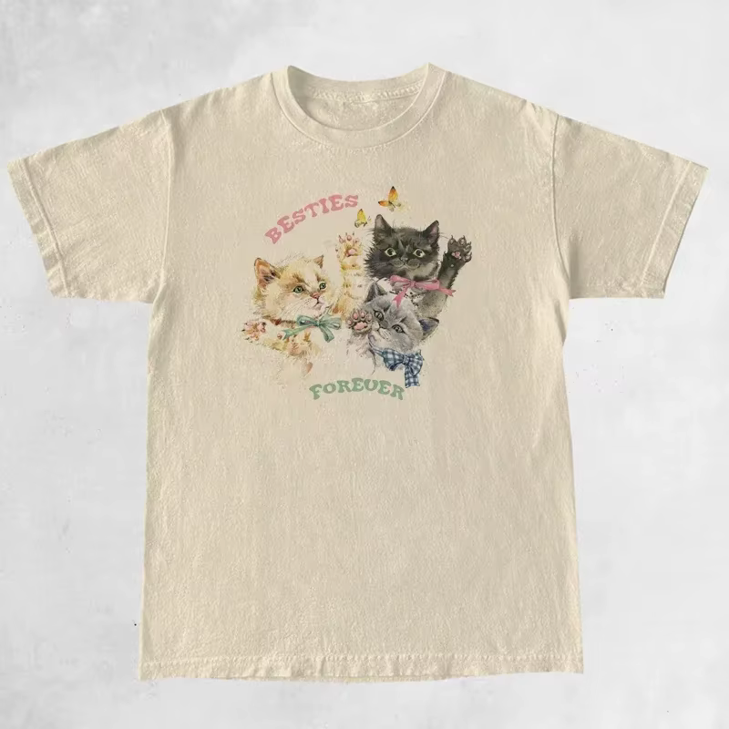 Mignon chaton Besties pour toujours femmes graphique hauts mode surdimensionné t-shirt Vintage esthétique Cottagecore