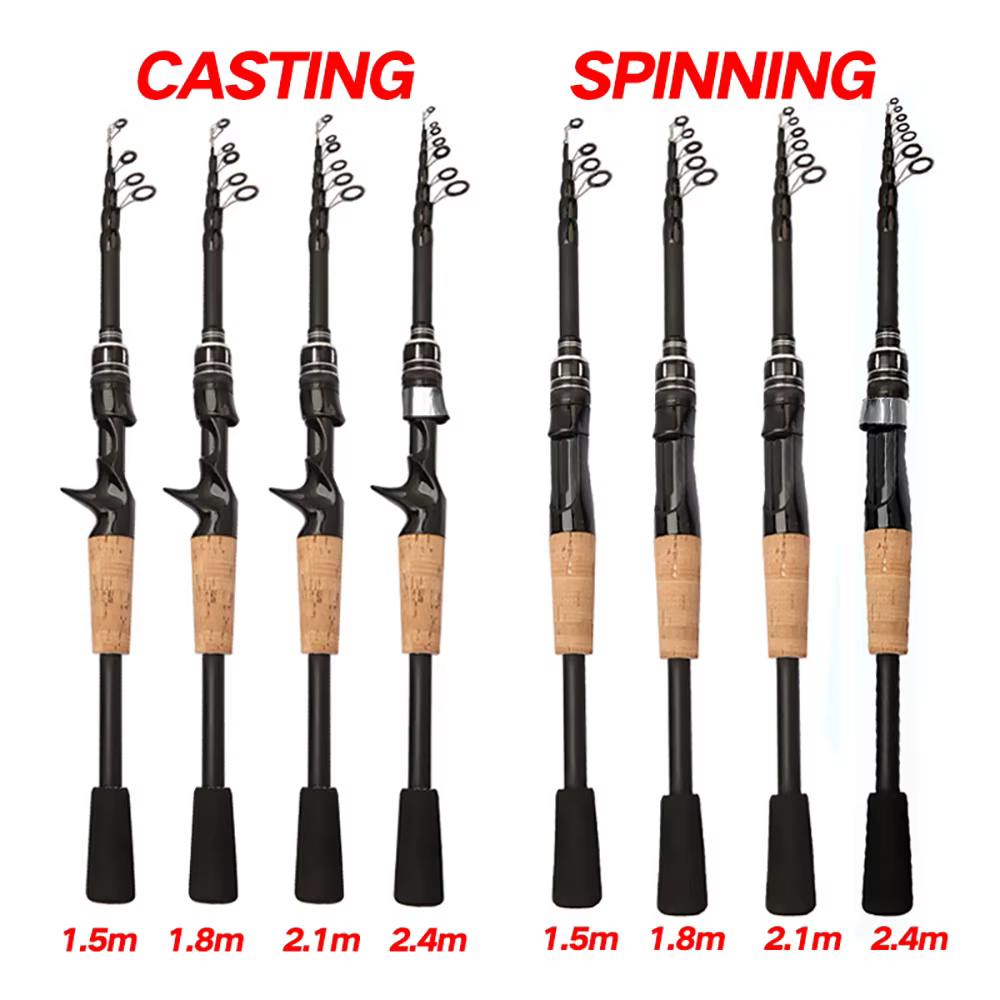 Canne à leurre télescopique 1.5M 1.8M 2.1M 2.4M canne à pêche Spinning en carbone canne à pêche Baitcasting 8g-25g manche en bois matériel de pêche coulée