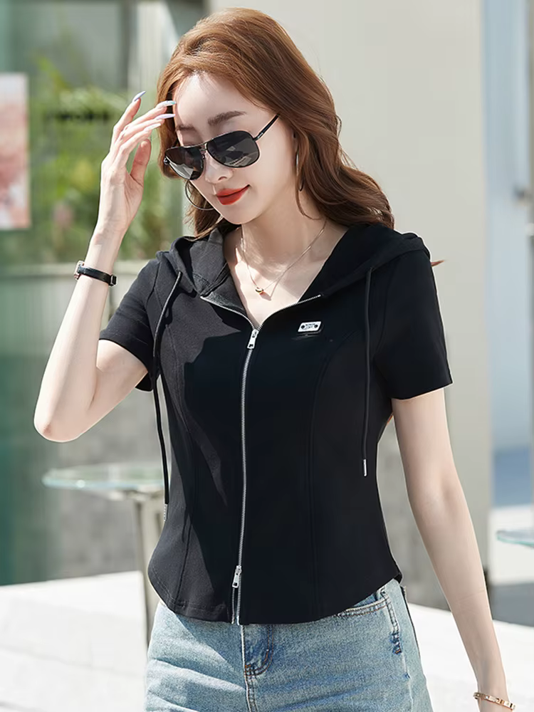 Nouveau Femme T-shirt à capuche L'été Mode Fermeture éclair à double tête Cardigan Manches courtes