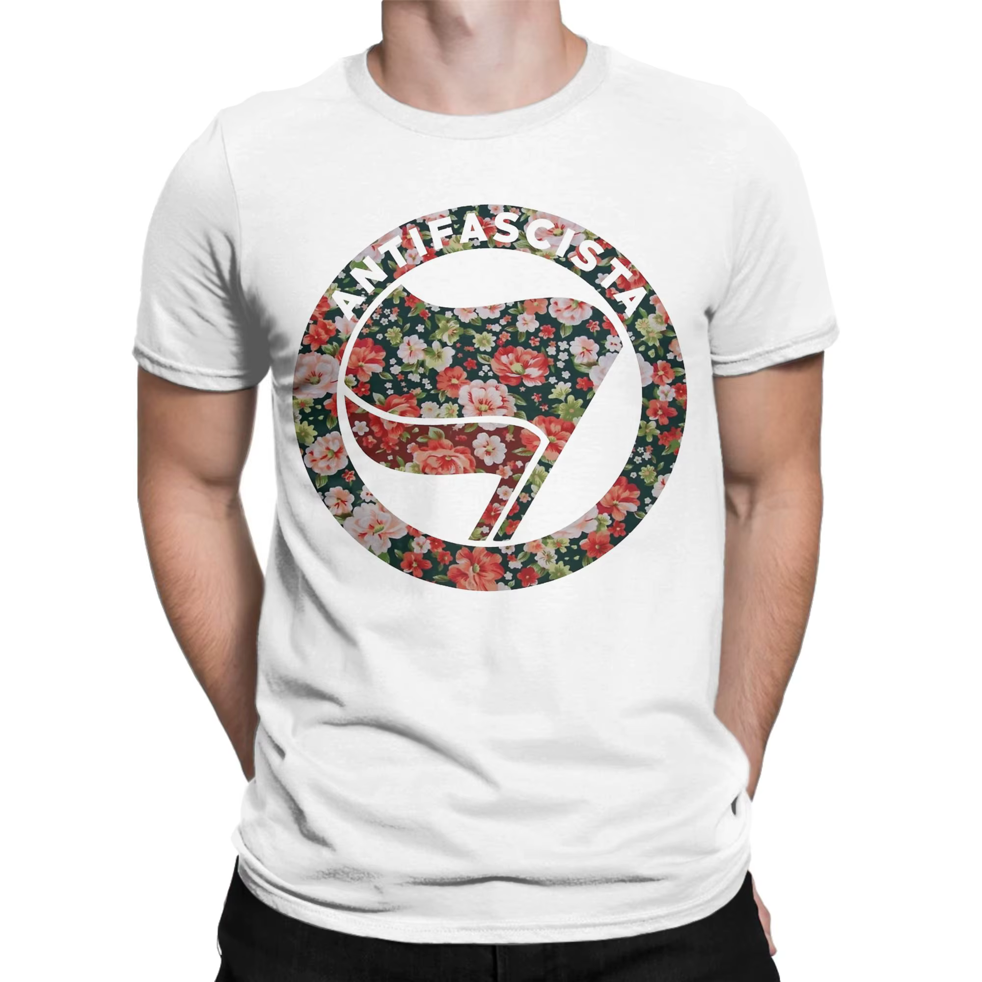 Loisirs Anti fasciste Antifa Floral t-shirt pour hommes femmes 100% coton à manches courtes col rond été hauts chemises