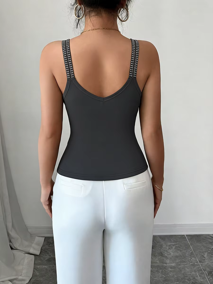 Débardeur Femme Chic à Strass Col V Double Bretelles