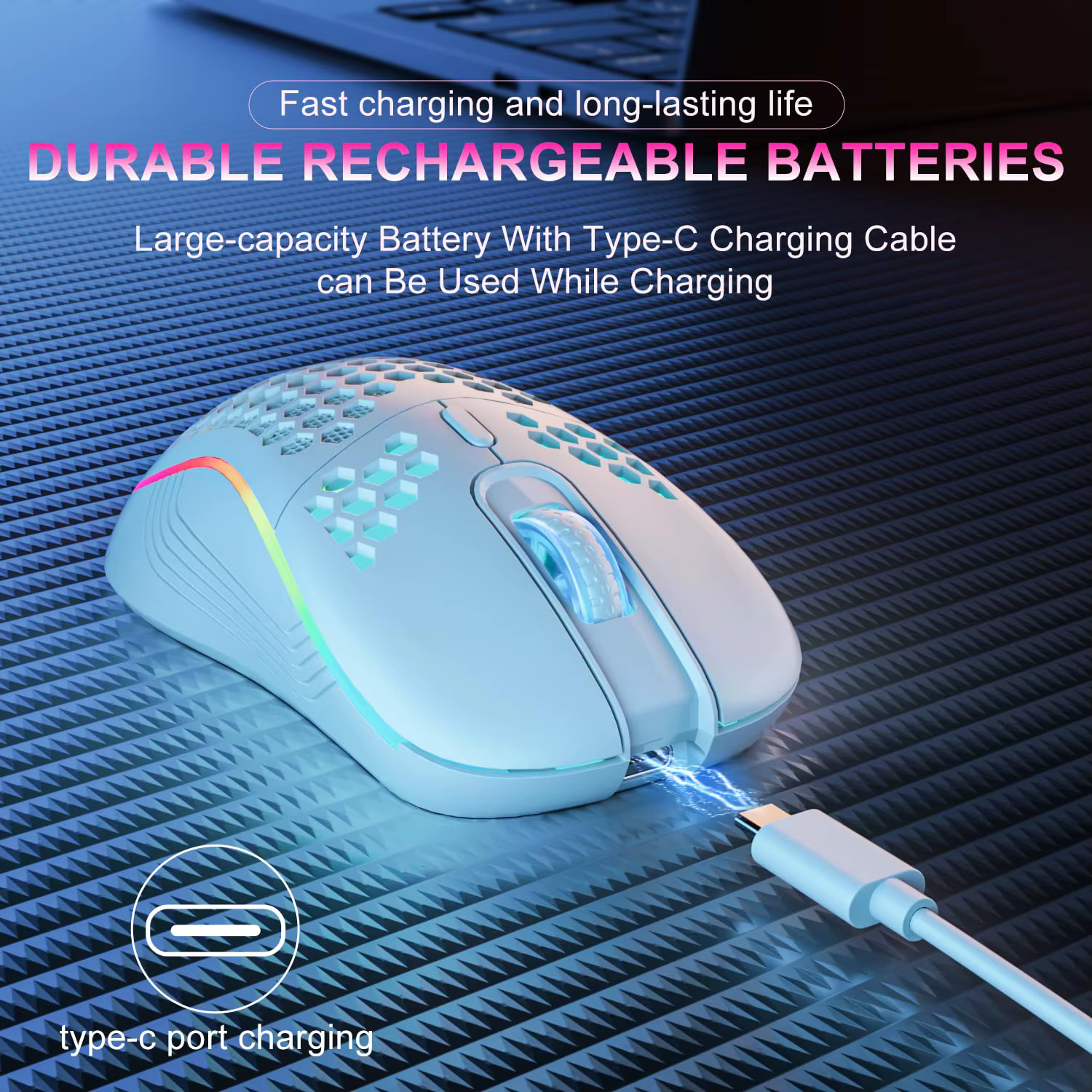 Souris sans fil 2.4G avec rétroéclairage rvb, 6 boutons, 3 vitesses, DPI, Type C, Rechargeable, ergonomique, conception en nid d'abeille, pour jeu