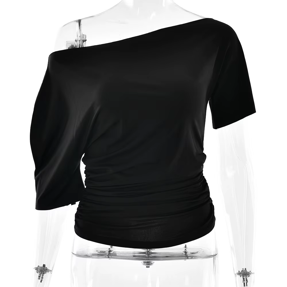 Haute qualité vente chaude en gros été nouveau T-shirt femme Sexy épicé fille plissée simple épaule col incliné haut ajusté