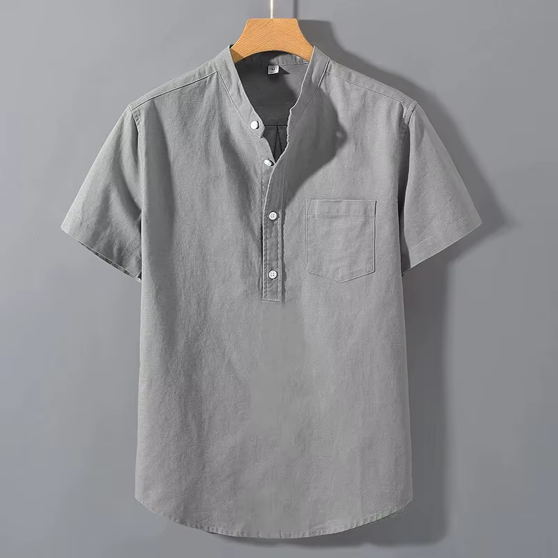 Nouveaux hommes à manches courtes t-shirts couleur unie col montant chemise été à la mode respirant ample jeunesse basique coton poche haut