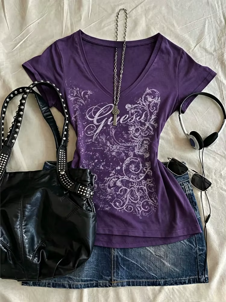 T-shirts vintage imprimés violet foncé pour femmes