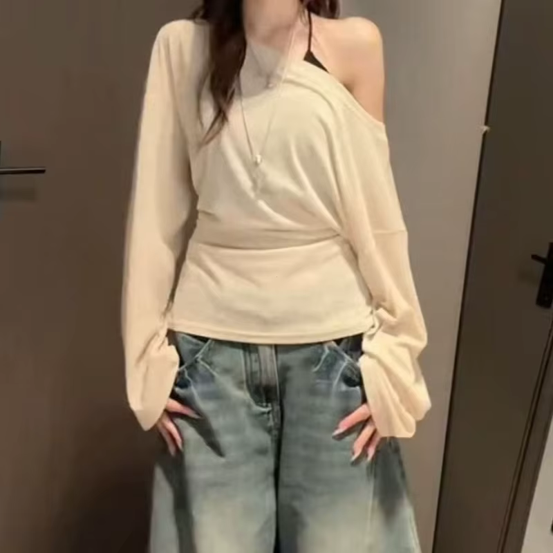 Voir à travers la manches longues surdimensionné t-shirt femmes Sexy dos pansement épaules nues haut femme basique longs t-shirts coréen Chic dame nouveau