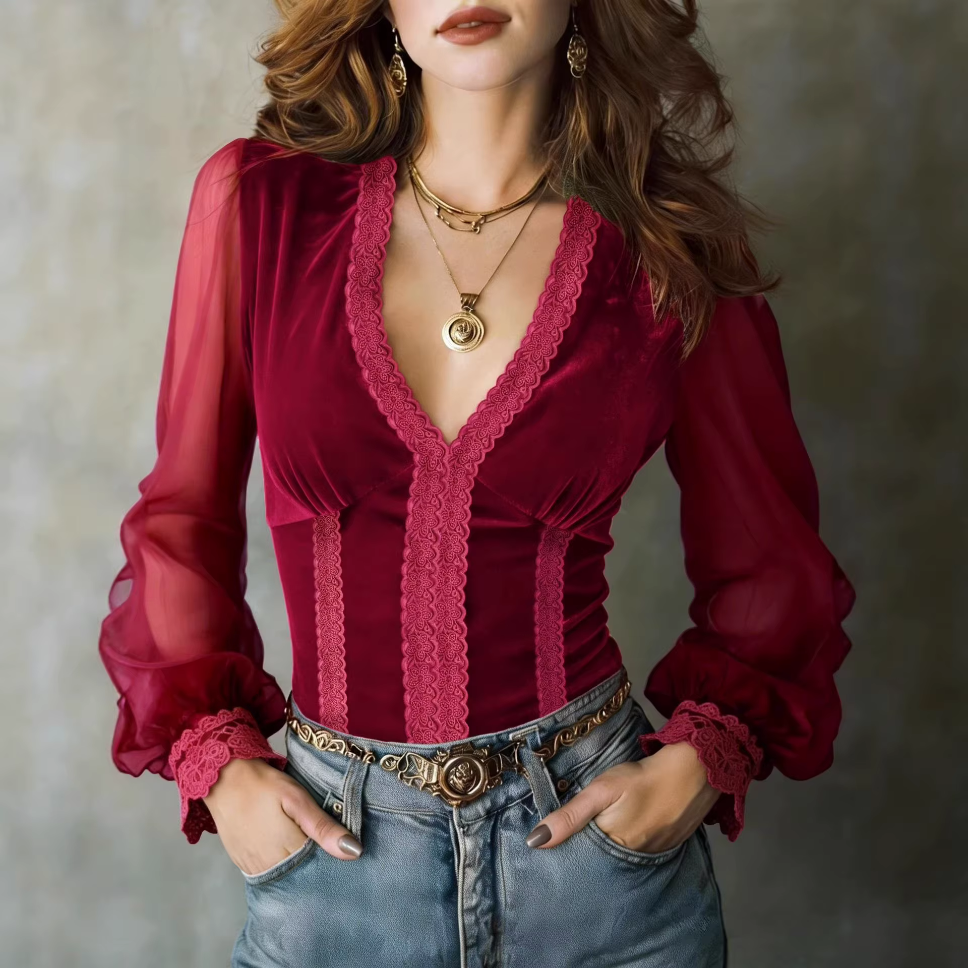 Chemisier en velours pour femme, sexy, col en V profond, manches longues en maille transparente, élégant et chic, pull-over, hauts pour femme 2026