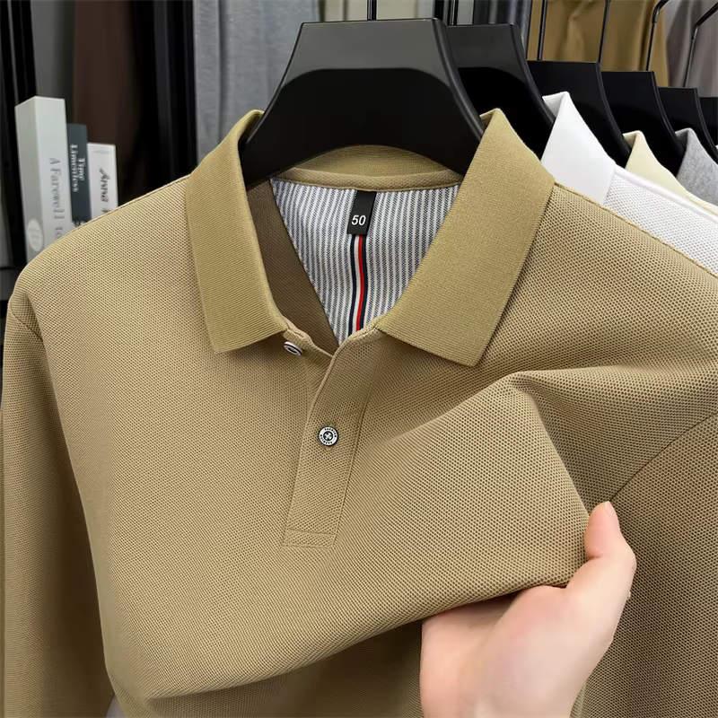 Polo de luxe à manches longues 100% coton nouvelle marque haut de gamme simple confortable couleur unie T-shirt de golf pour loisirs et affaires automne