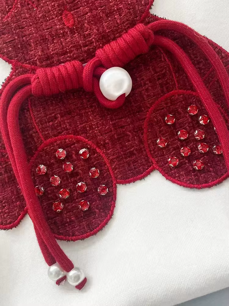 Boucle ours rose perles T-shirt lourd fait à la main Diomand brillant nœud papillon broderie