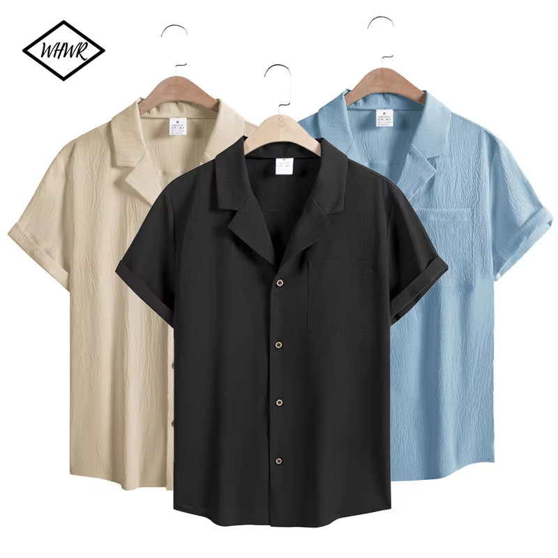Nouveaux hommes à manches courtes T-Shirts été à la mode respirant ample jeunesse basique coton poche haut couleur unie col montant chemises