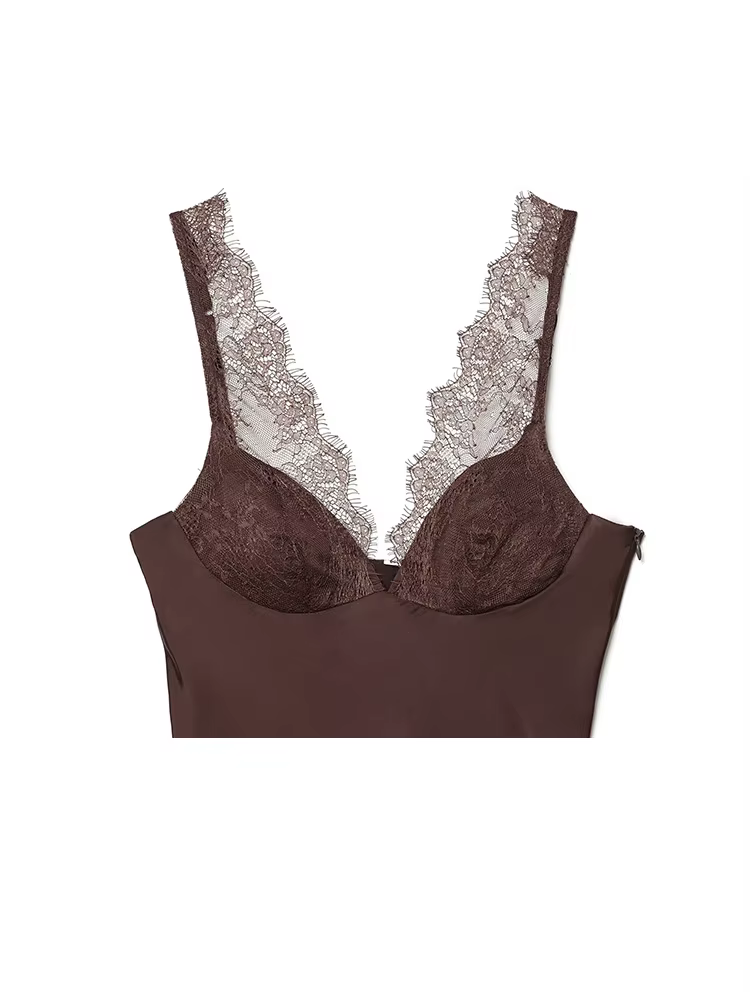 HH Femme Mode Décoration en dentelle Haut court uni Sexy Sans manches Dos nu Col en V Fermeture éclair latérale Texture satinée 3 couleurs Hauts d'été