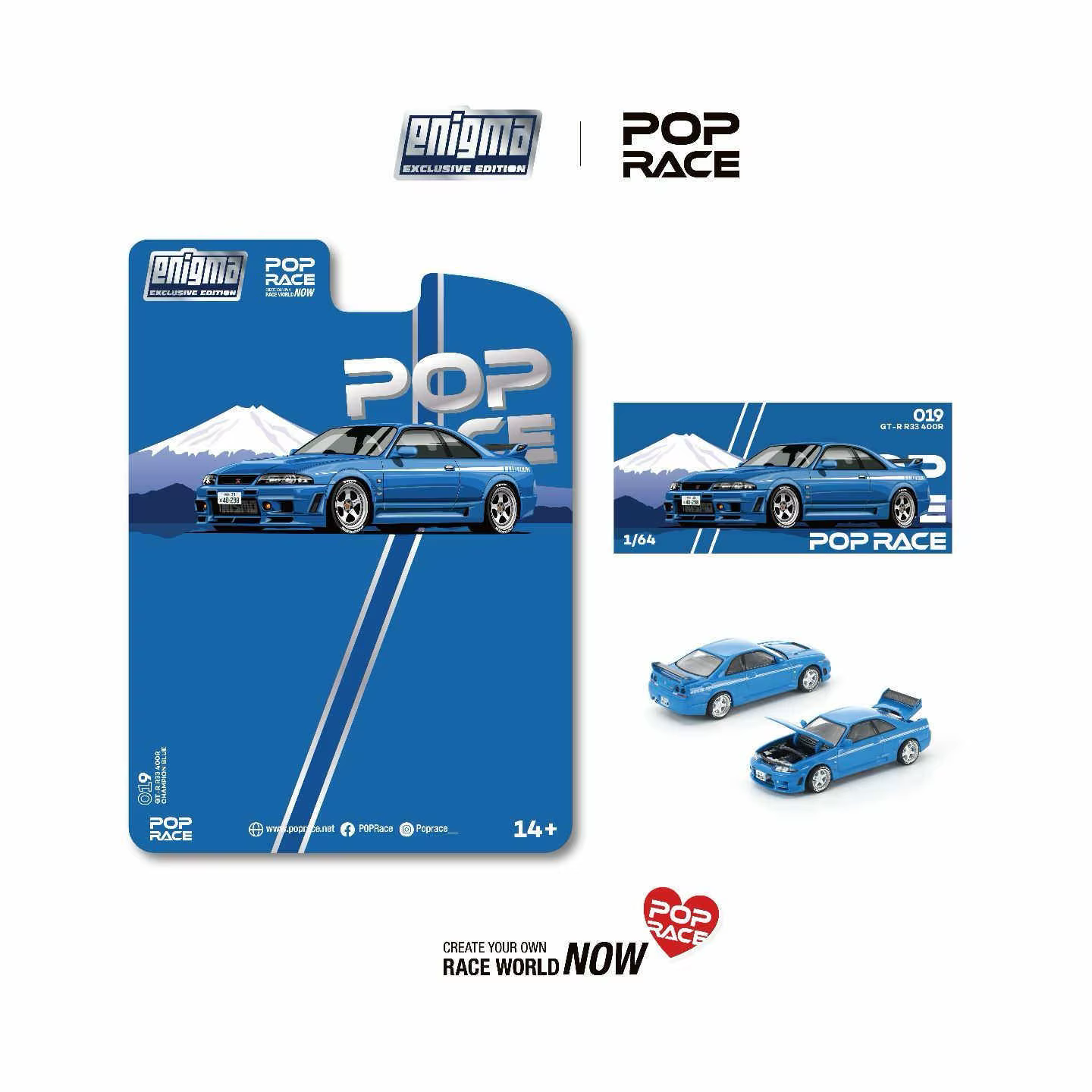 Modèle de voiture ouverte PopRace 1:64 GTR R33 NISMO 400R Champion Blue Alloy