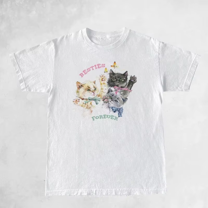 Mignon chaton Besties pour toujours femmes graphique hauts mode surdimensionné t-shirt Vintage esthétique Cottagecore