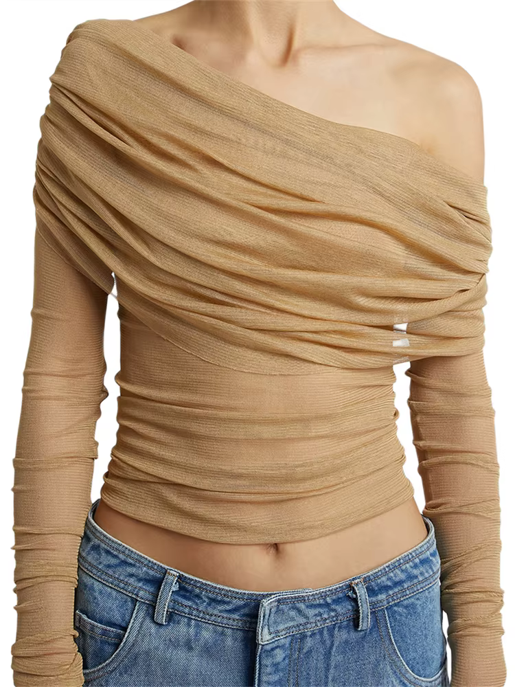 Femmes chemises courtes manches longues épaules dénudées hauts plissés décontracté élégant Sexy maille pure Blouse