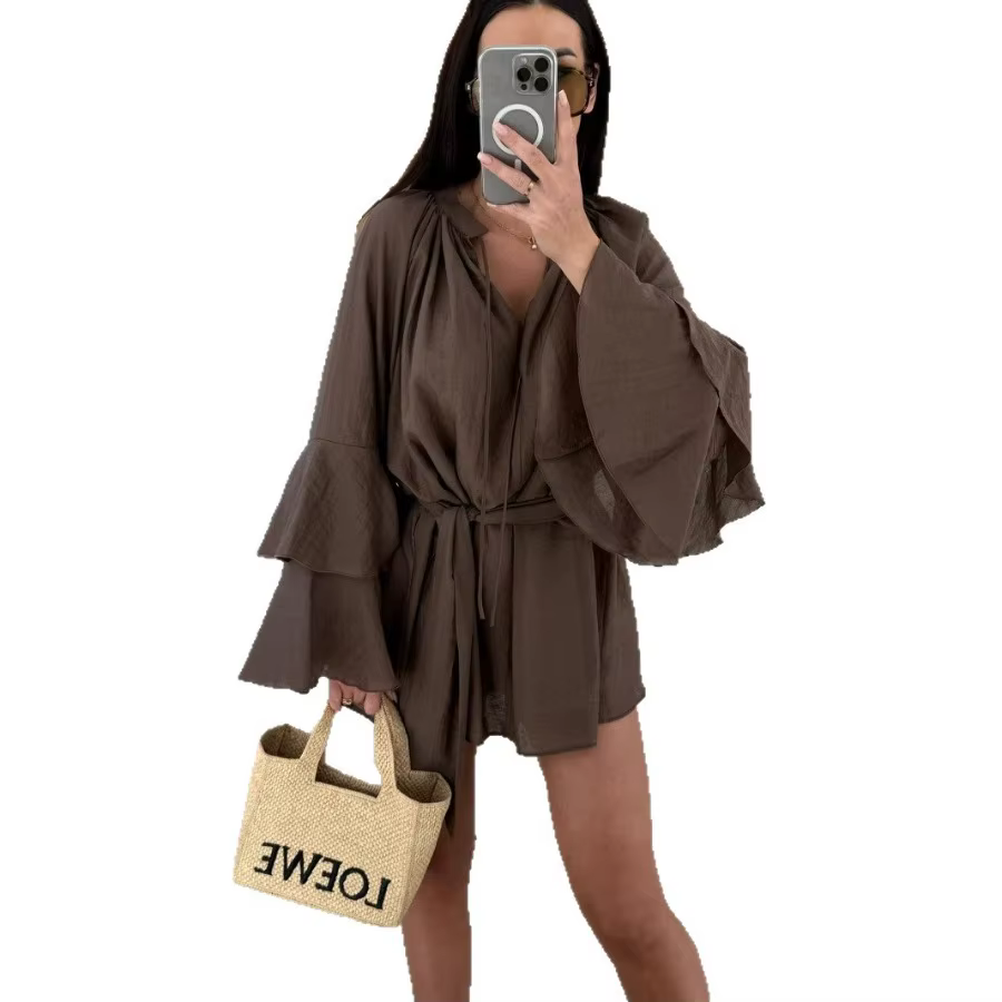 Nouvelle Collection 2026 : Robe Mini Ample et Élégante pour Femme, Col en V Profond, Manches Longues, Couleur Unie, Effet Plissé